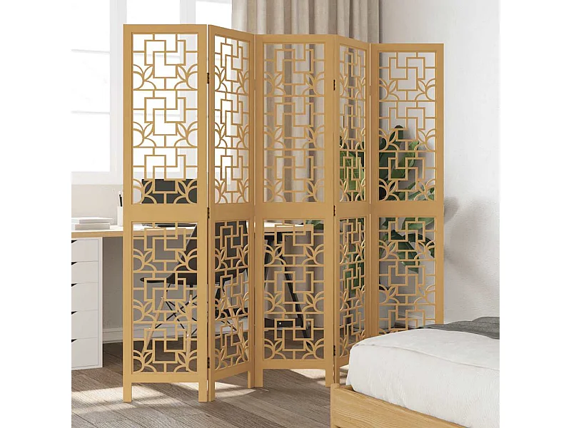 Parete divisoria a 5 pannelli in legno massello di paulonia marrone