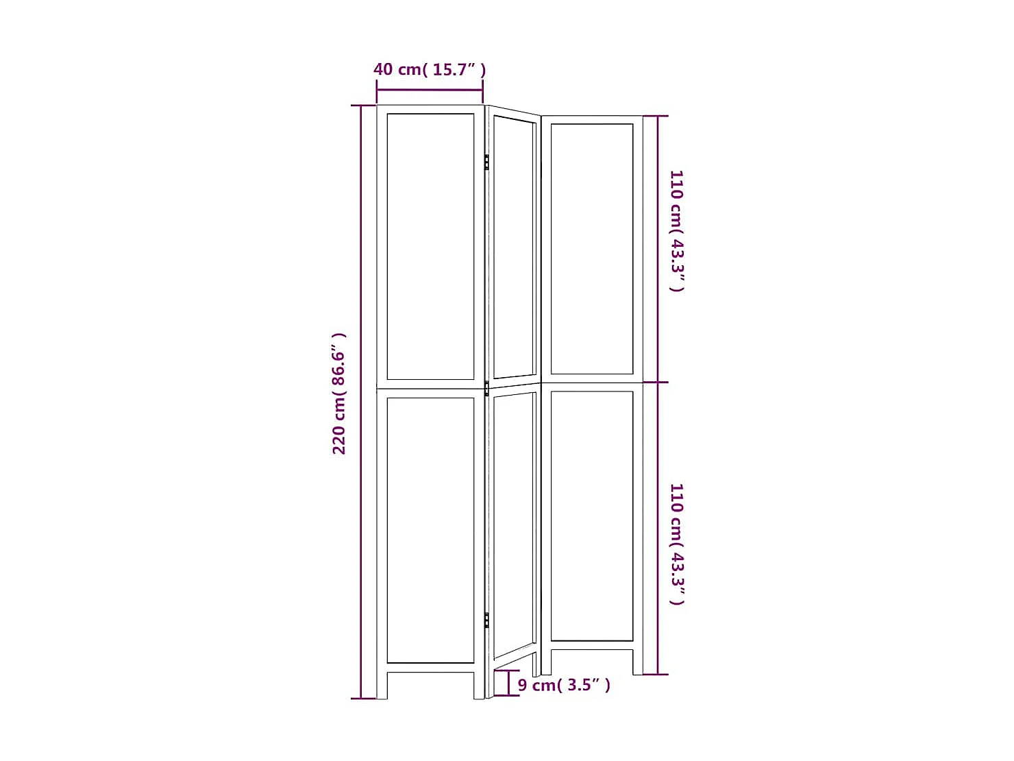 Tabique divisorio de 3 paneles en madera maciza de paulownia blanca