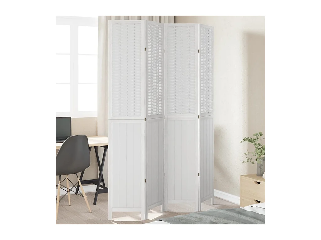 Cloison de séparation 4 panneaux blanc bois de paulownia massif