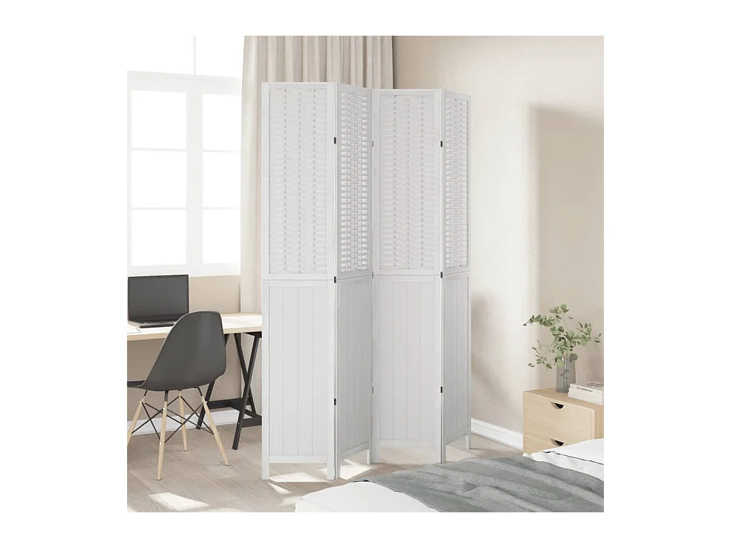 Cloison de séparation 4 panneaux blanc bois de paulownia massif