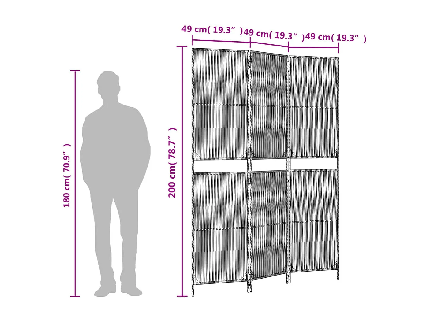 3-delige grijze scheidingswand van kunstharsriet
