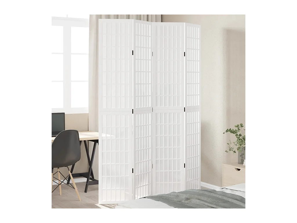 Cloison de séparation 4 panneaux blanc bois de paulownia massif