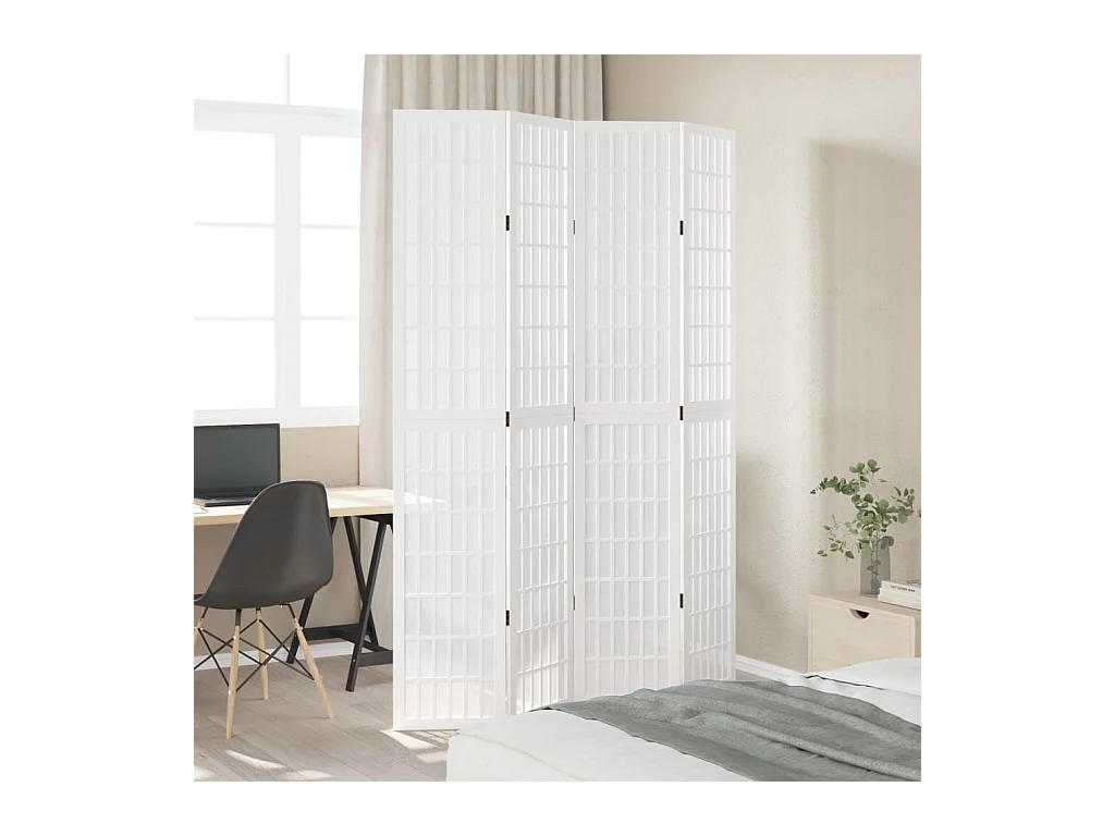 Cloison de séparation 4 panneaux blanc bois de paulownia massif