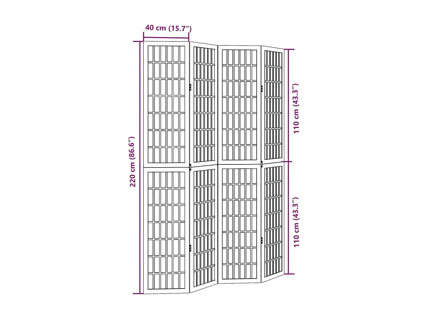Cloison de séparation 4 panneaux blanc bois de paulownia massif