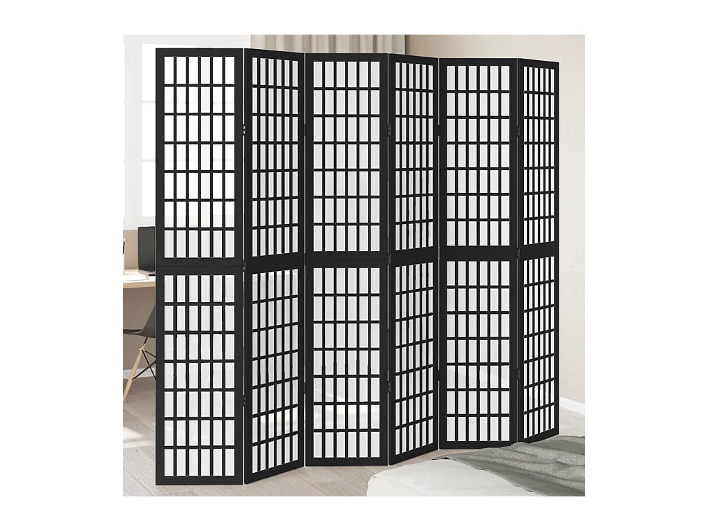 Cloison de séparation 6 panneaux noir bois de paulownia massif
