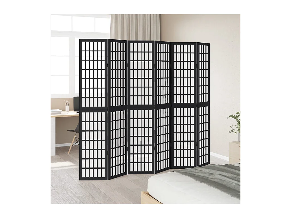 Cloison de séparation 6 panneaux noir bois de paulownia massif