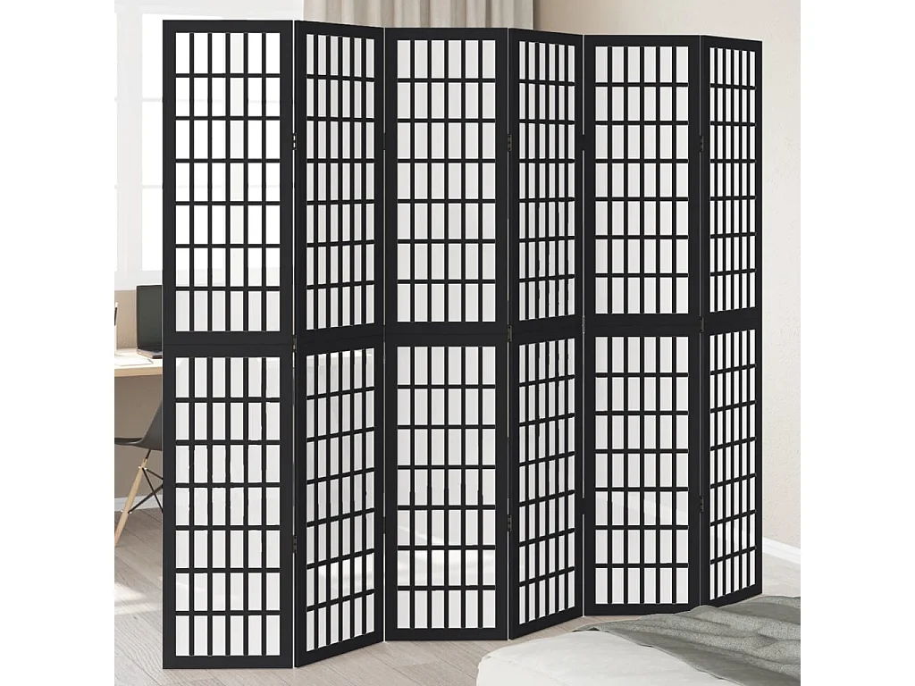 Cloison de séparation 6 panneaux noir bois de paulownia massif