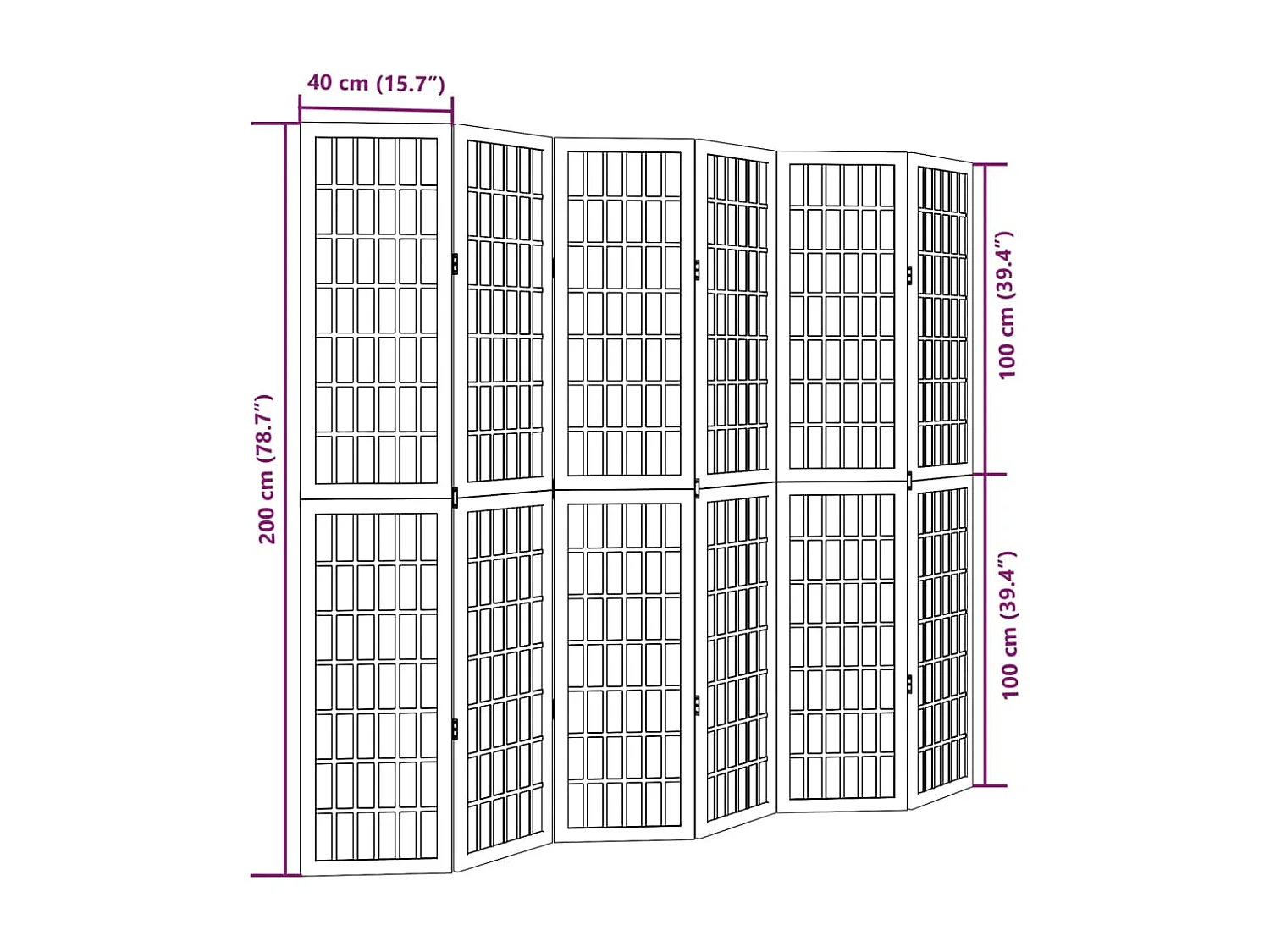 Cloison de séparation 6 panneaux noir bois de paulownia massif
