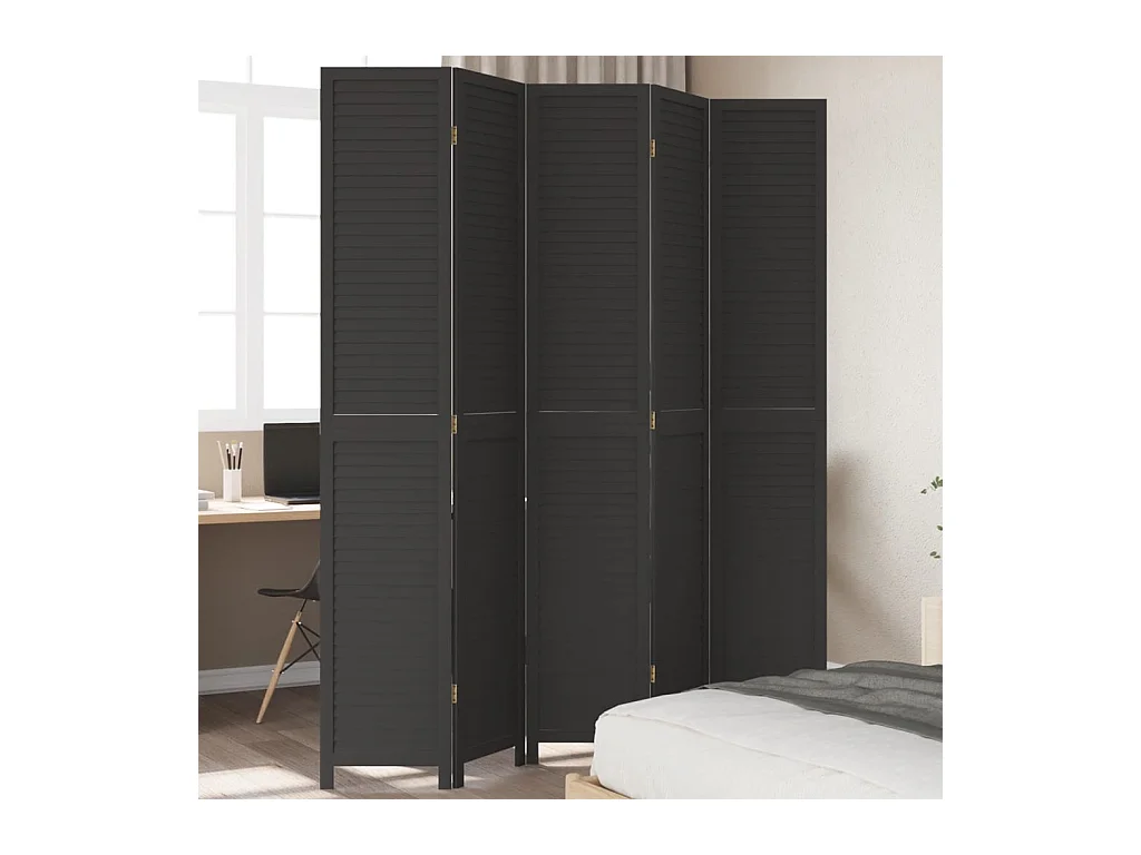 Cloison de séparation 5 panneaux noir bois de paulownia massif