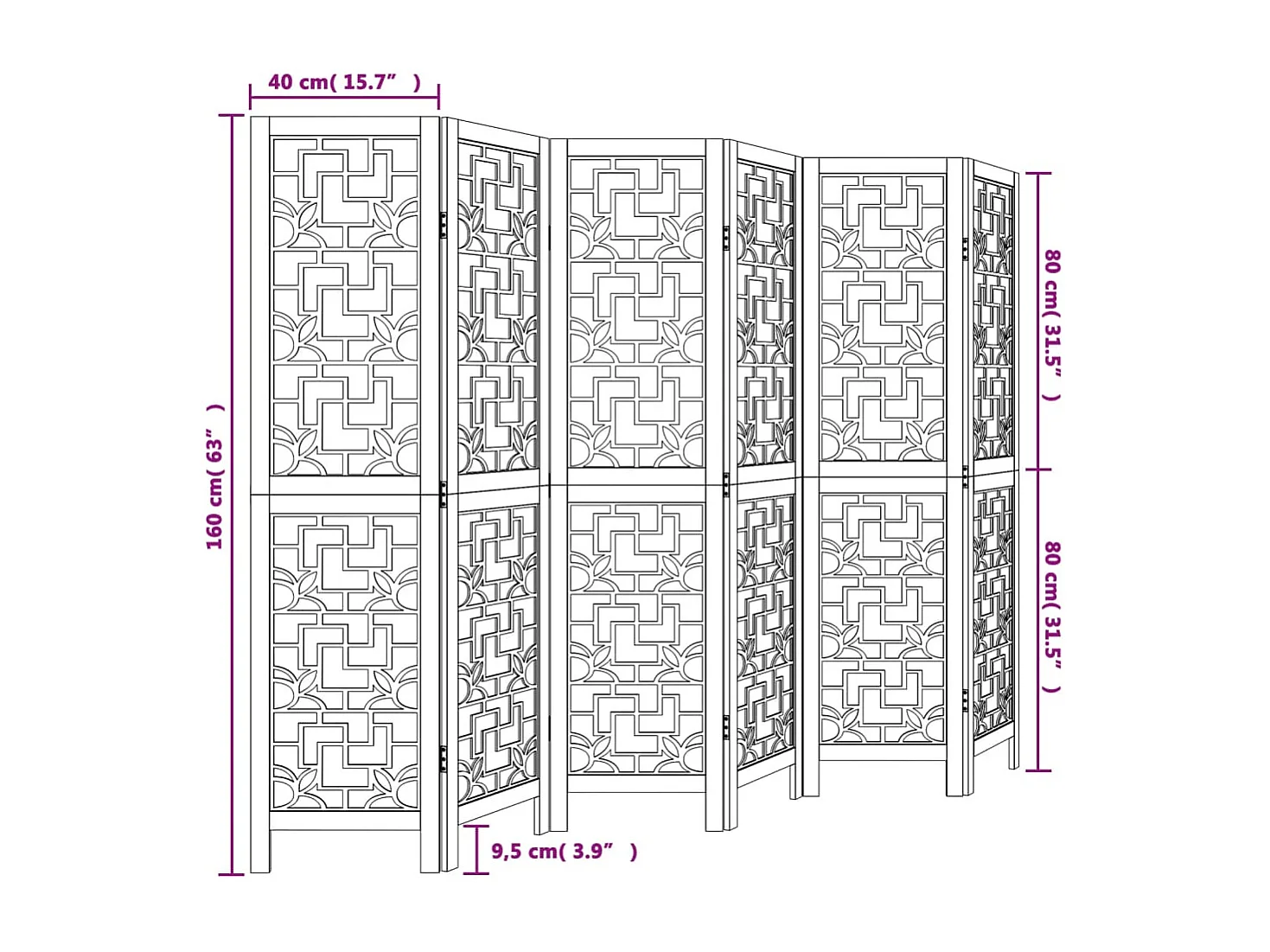Tabique divisorio de 6 paneles en madera maciza de paulownia marrón