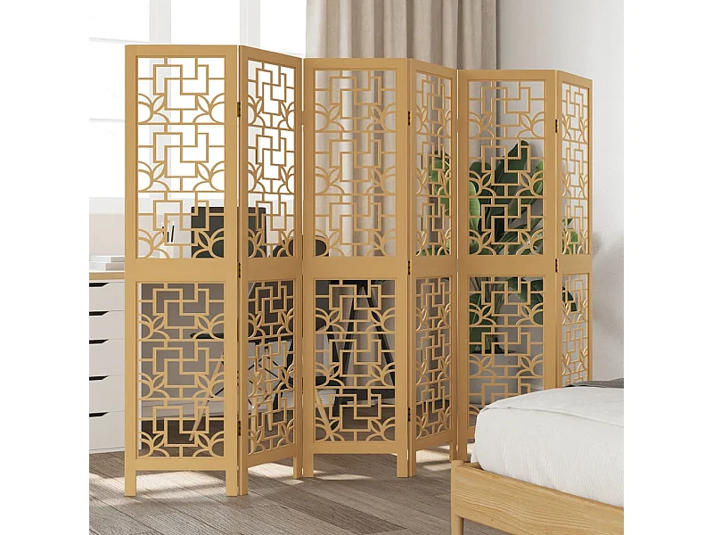 Parete divisoria a 6 pannelli in legno massello di paulonia marrone