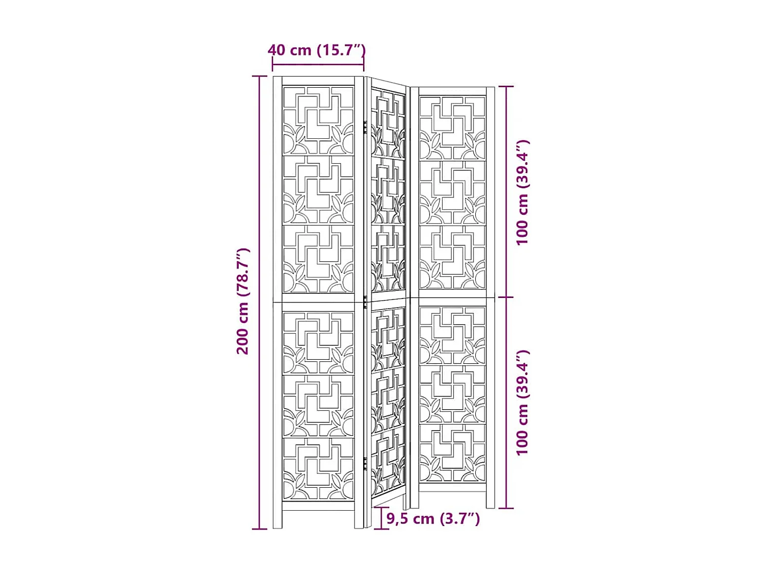 Parete divisoria a 3 pannelli in legno massello di paulonia marrone