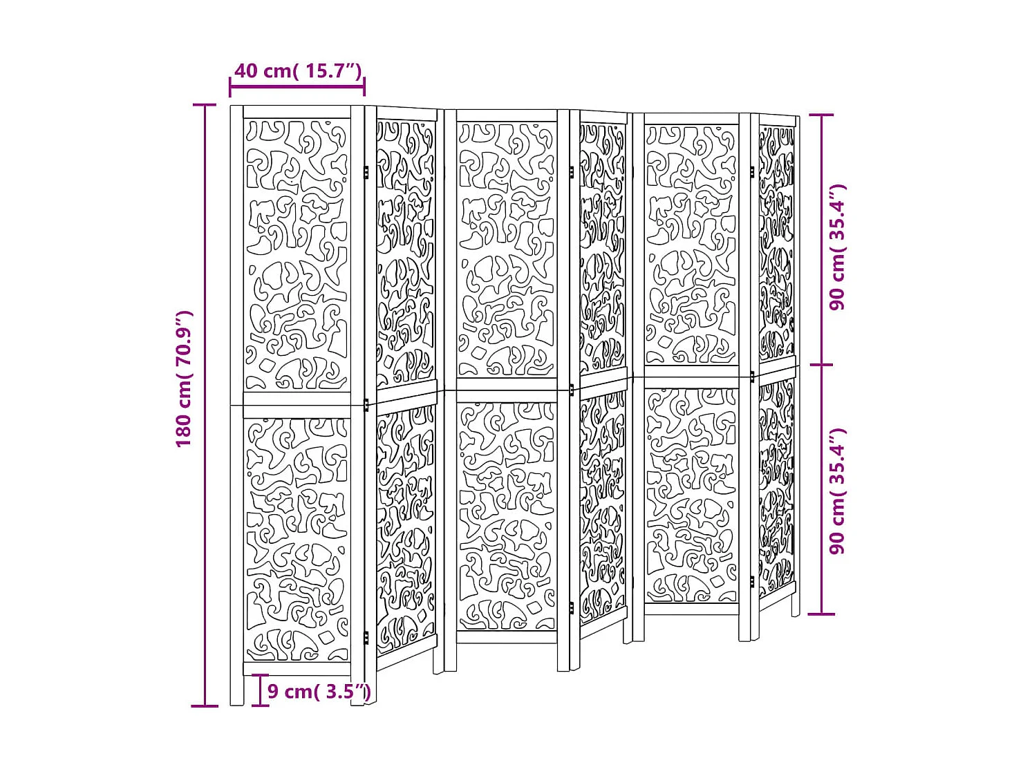 6-delige scheidingswand in zwart, massief paulowniahout