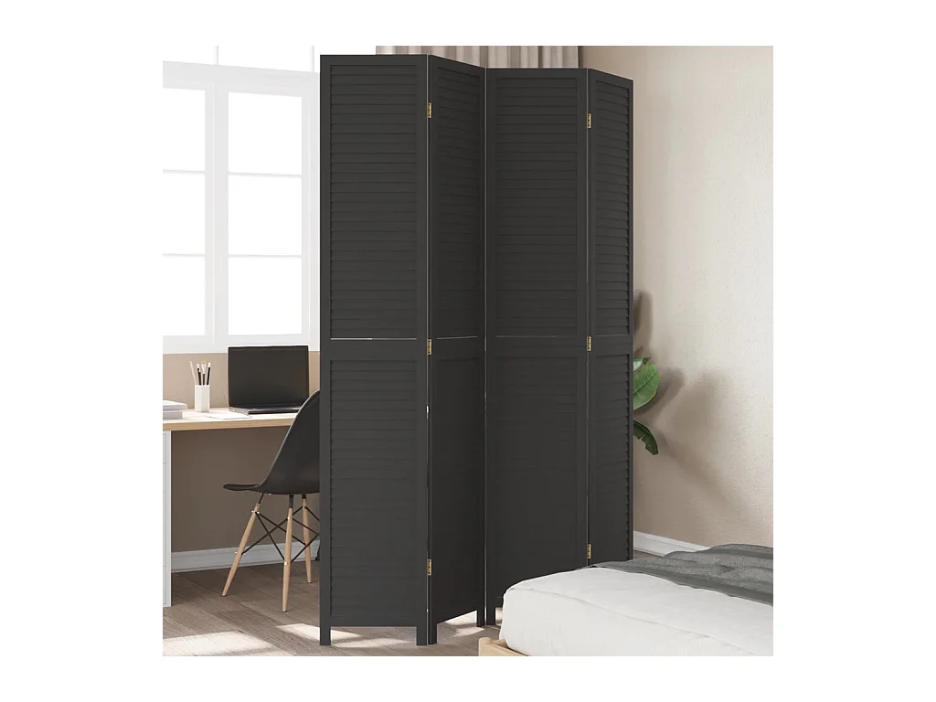 Cloison de séparation 4 panneaux noir bois de paulownia massif