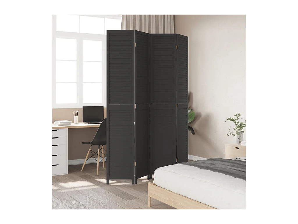 Cloison de séparation 4 panneaux noir bois de paulownia massif