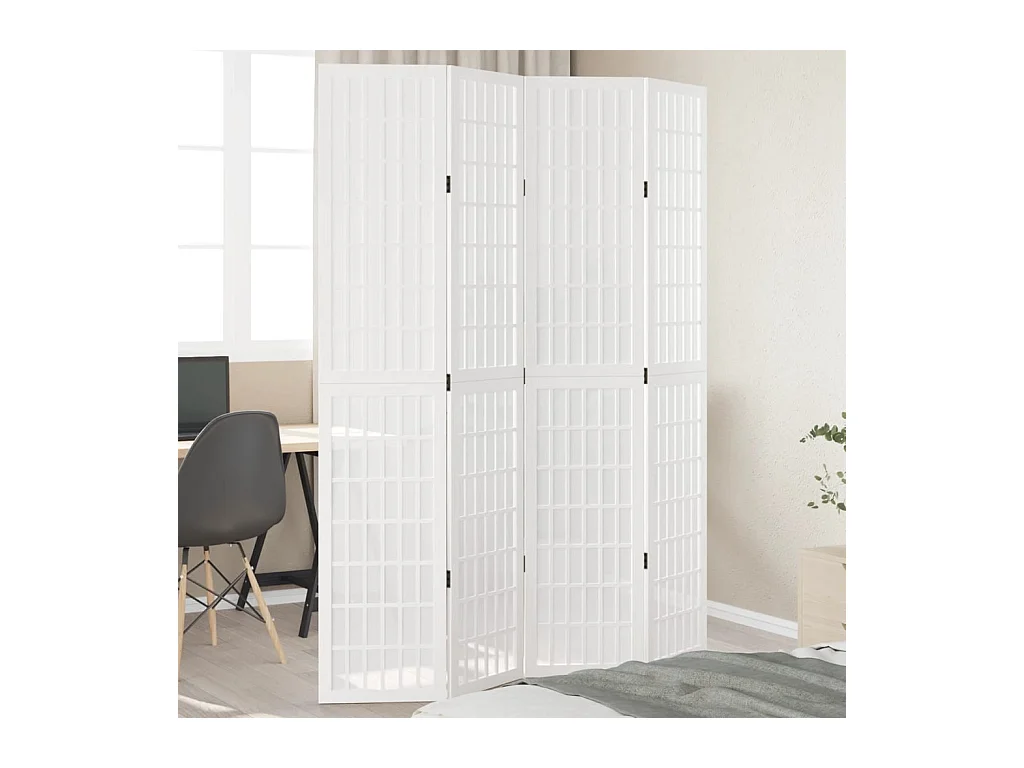 Cloison de séparation 4 panneaux blanc bois de paulownia massif