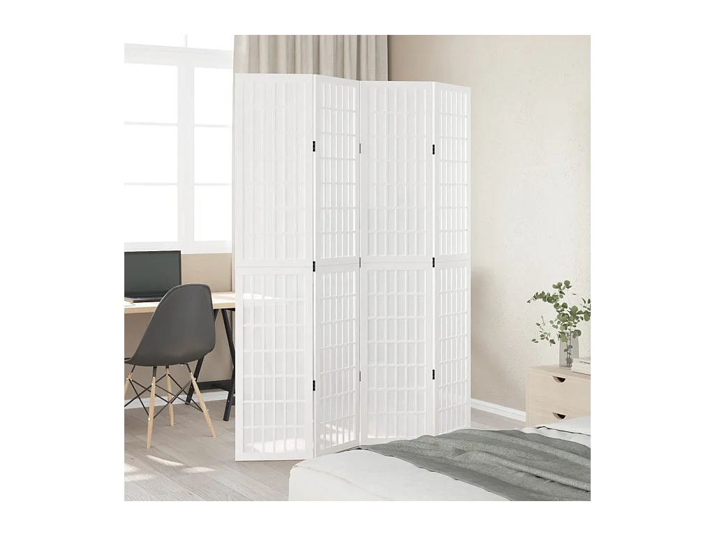 Cloison de séparation 4 panneaux blanc bois de paulownia massif