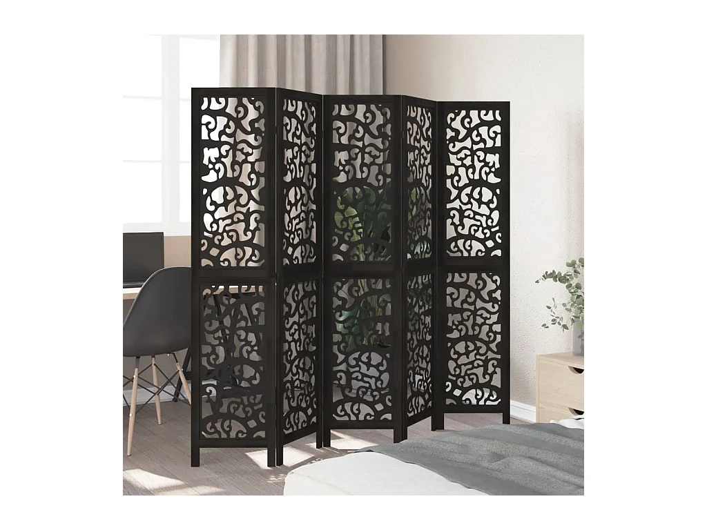 5-delige scheidingswand in zwart, massief paulowniahout