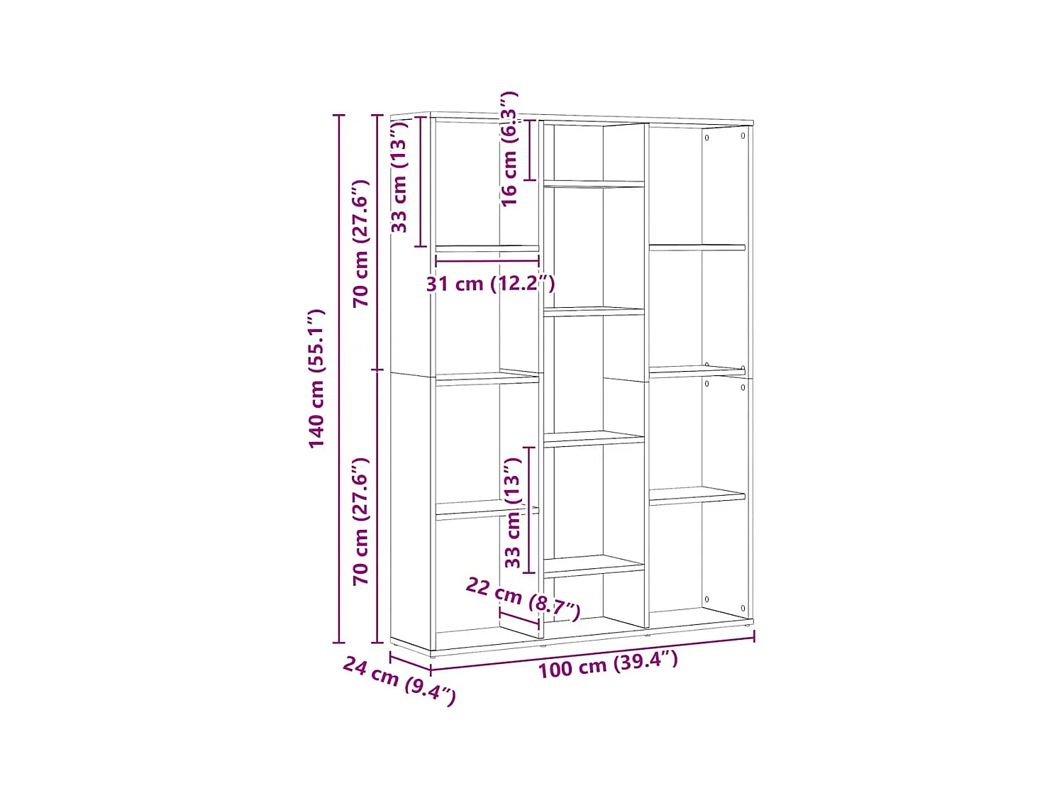 Séparateur de pièce/Bibliothèque chêne artisanal 100x24x140 cm