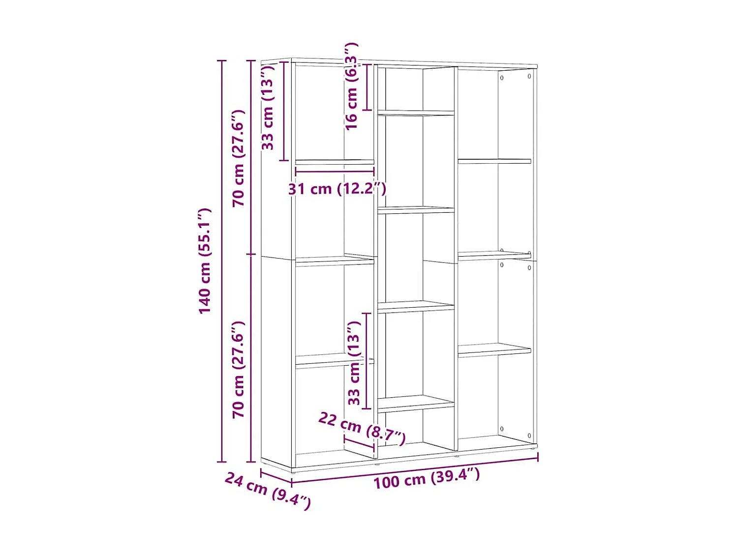 Séparateur de pièce/Bibliothèque chêne artisanal 100x24x140 cm