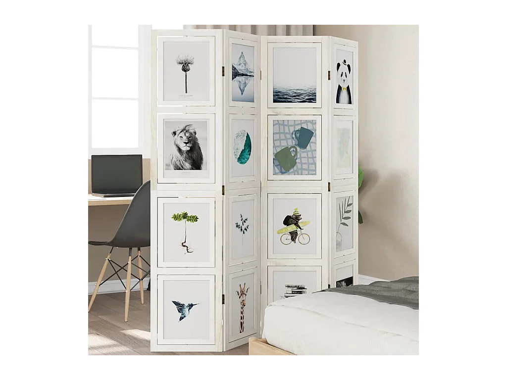 4-delige scheidingswand in wit, massief paulowniahout