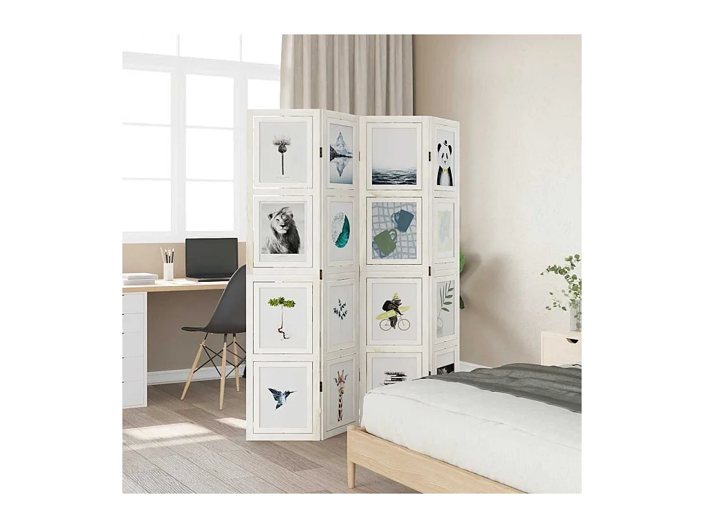 4-delige scheidingswand in wit, massief paulowniahout