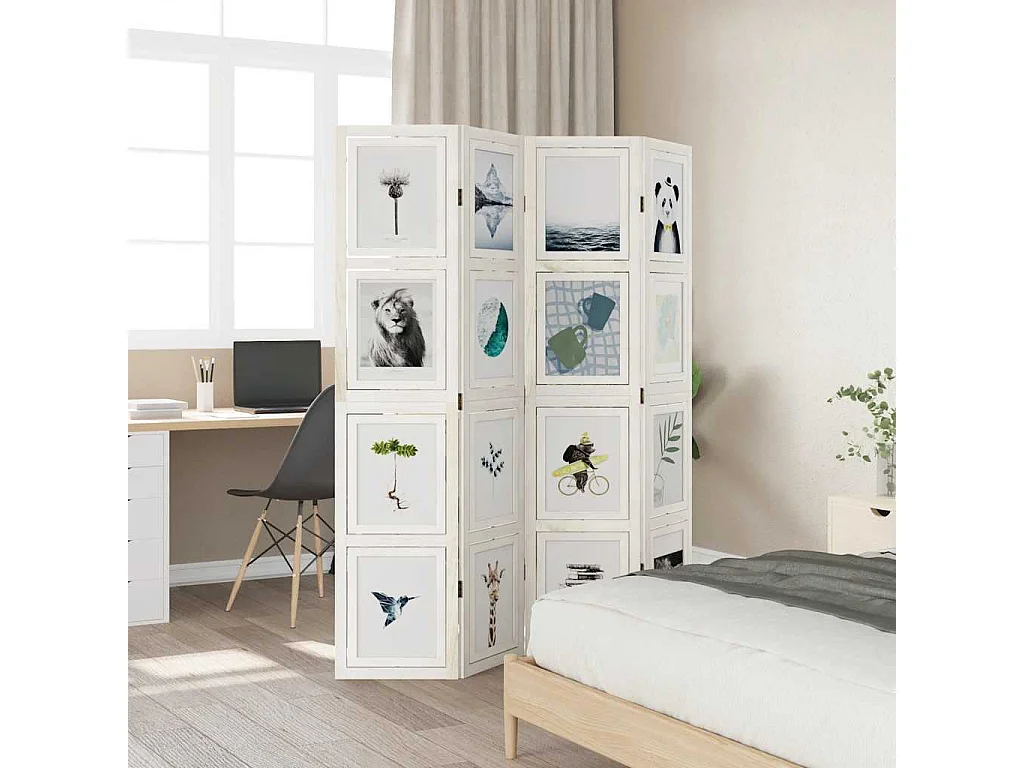 Parete divisoria a 4 pannelli in legno massello di paulonia bianco