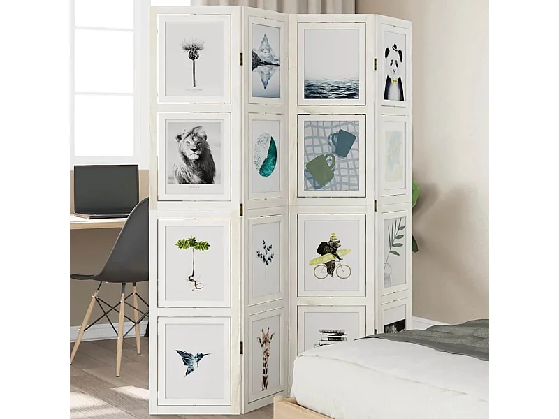 Parete divisoria a 4 pannelli in legno massello di paulonia bianco