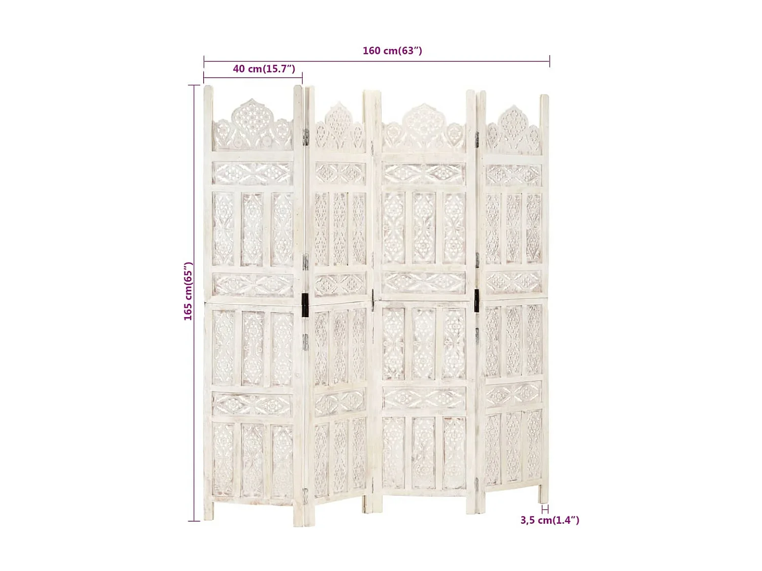 Parete divisoria a 4 pannelli Bianco 160x165 cm Legno di mango