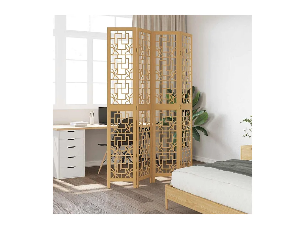 Tabique divisorio de 4 paneles en madera maciza de paulownia marrón