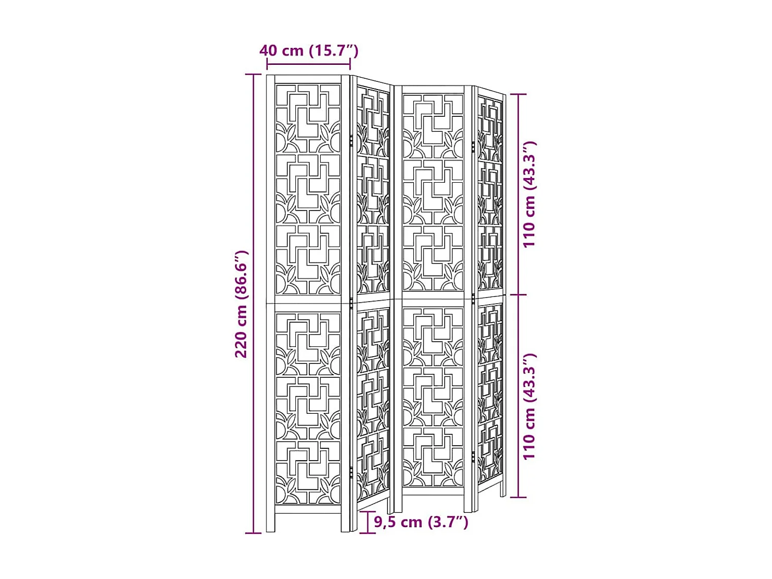 Tabique divisorio de 4 paneles en madera maciza de paulownia marrón