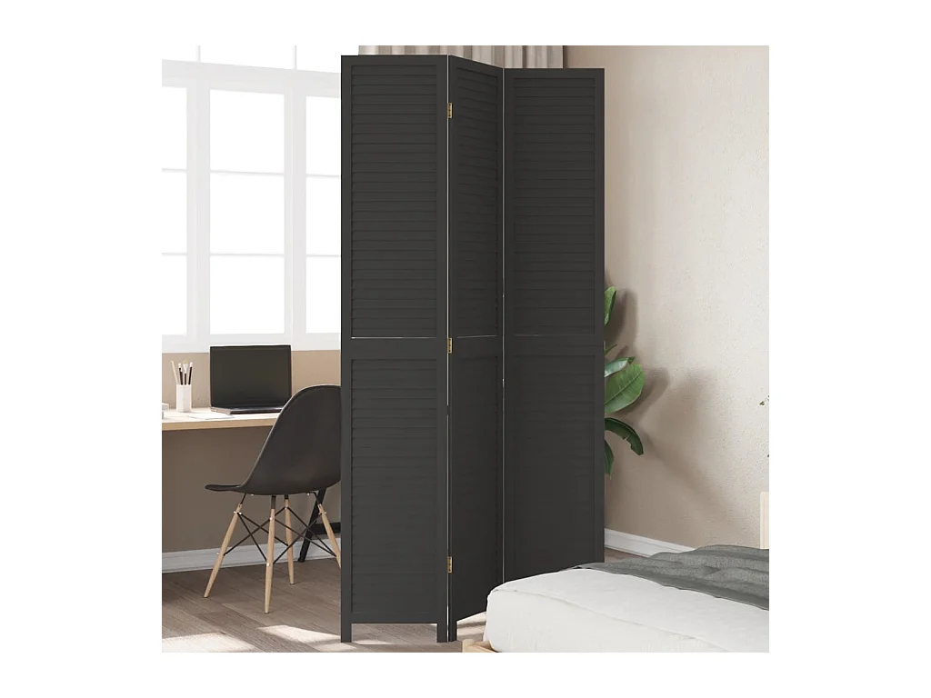 Cloison de séparation 3 panneaux noir bois de paulownia massif