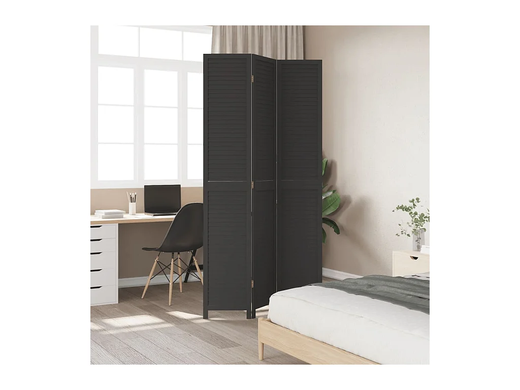 Cloison de séparation 3 panneaux noir bois de paulownia massif