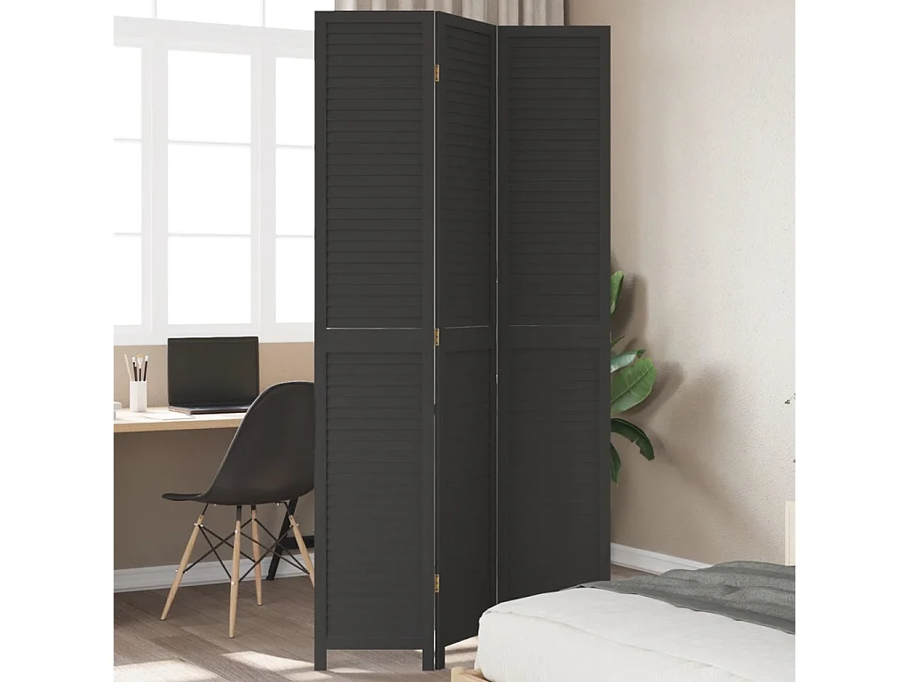 Cloison de séparation 3 panneaux noir bois de paulownia massif