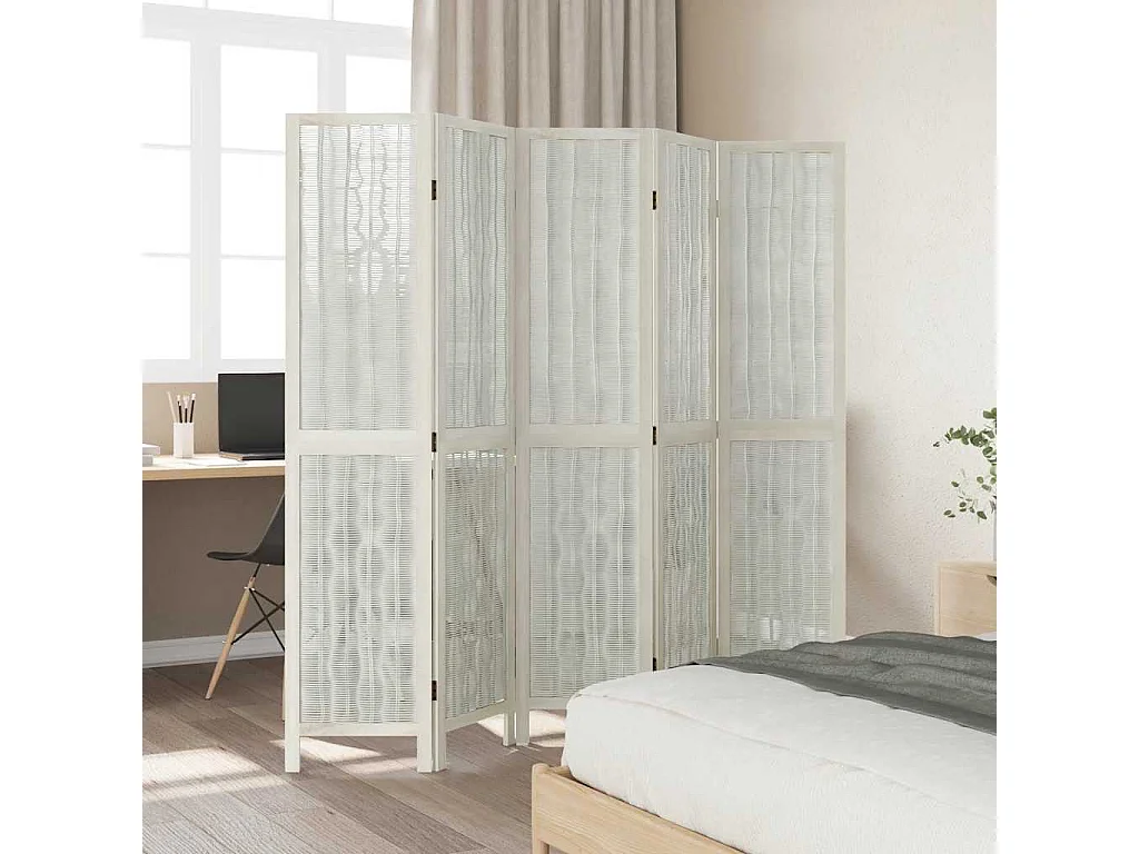 Parete divisoria a 5 pannelli in legno massello di paulonia bianco