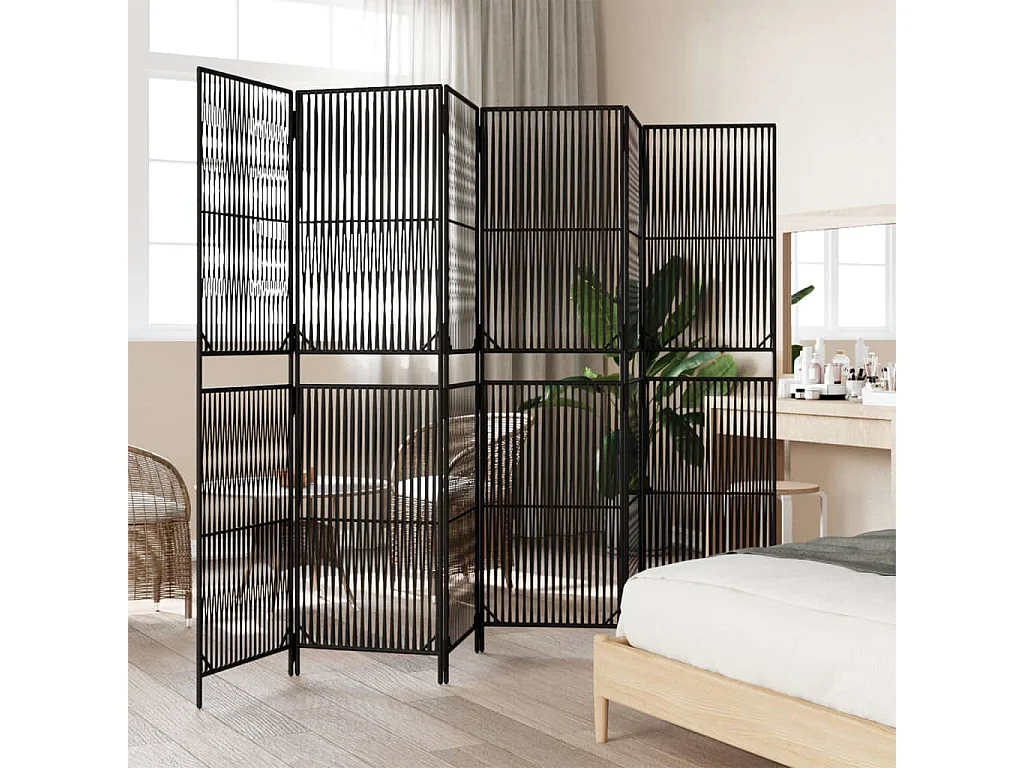 Parete divisoria in vimini di resina nera a 6 pannelli