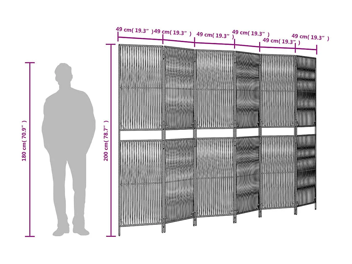 Parete divisoria in vimini di resina nera a 6 pannelli