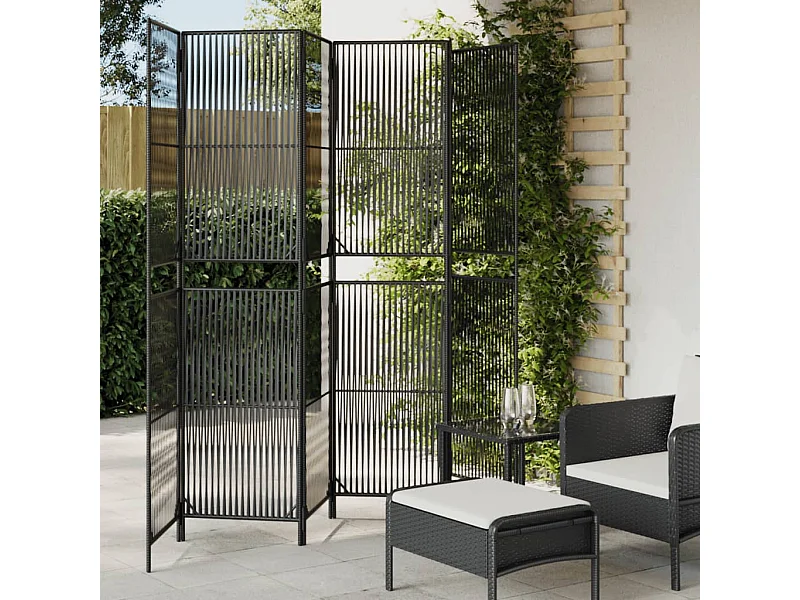 Parete divisoria in vimini di resina nera a 6 pannelli
