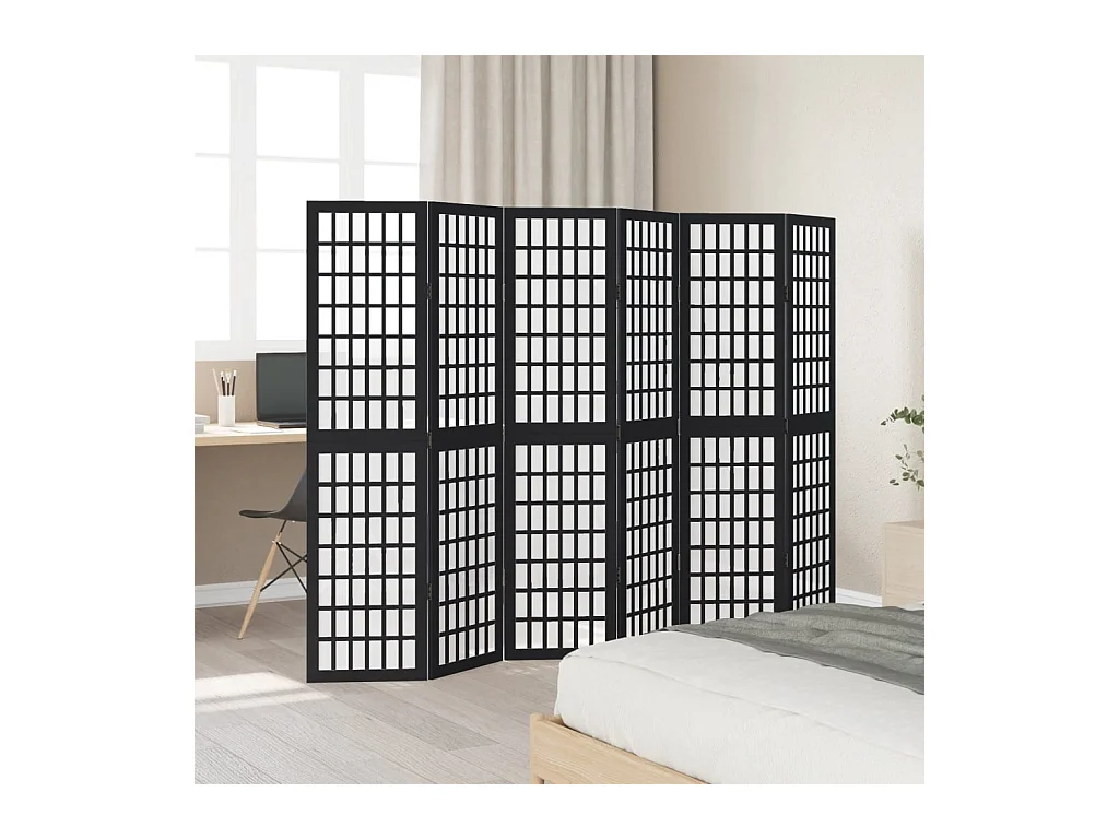 Cloison de séparation 6 panneaux noir bois de paulownia massif