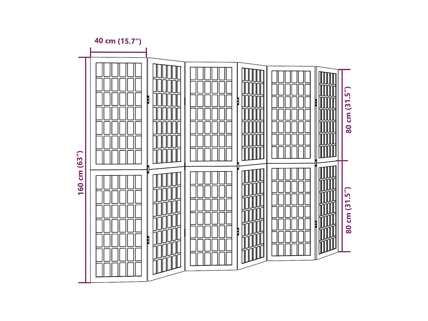 Cloison de séparation 6 panneaux noir bois de paulownia massif