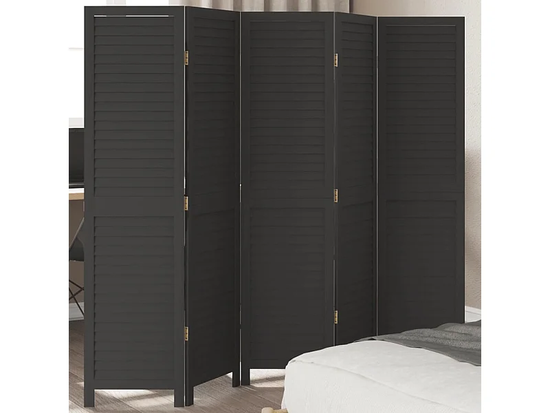 Cloison de séparation 5 panneaux noir bois de paulownia massif