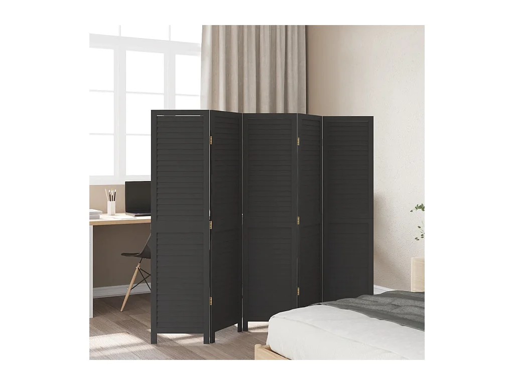 Cloison de séparation 5 panneaux noir bois de paulownia massif