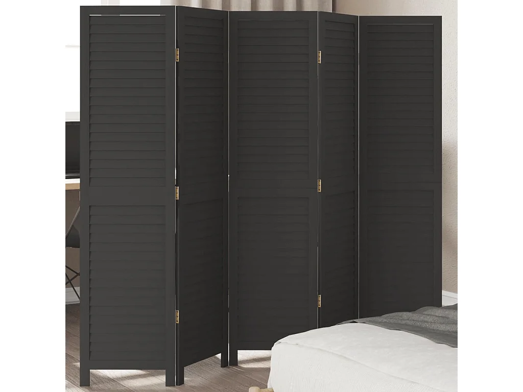 Cloison de séparation 5 panneaux noir bois de paulownia massif