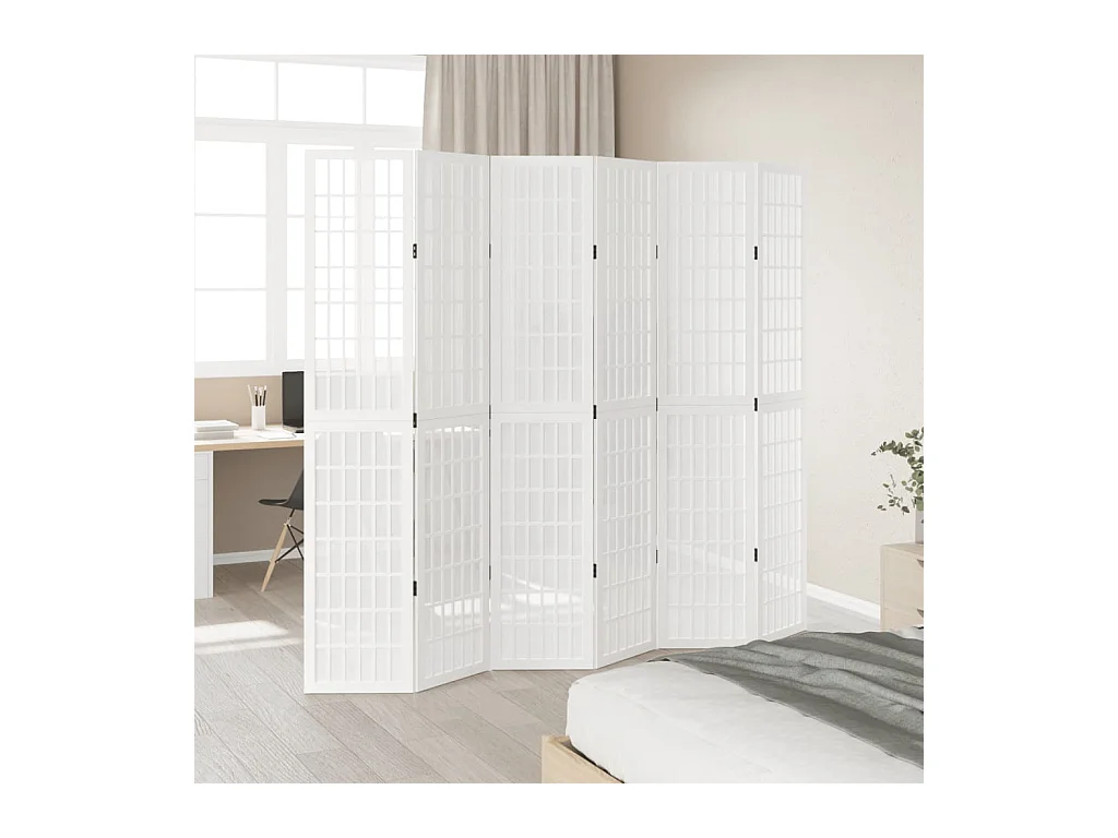 Cloison de séparation 6 panneaux blanc bois de paulownia massif
