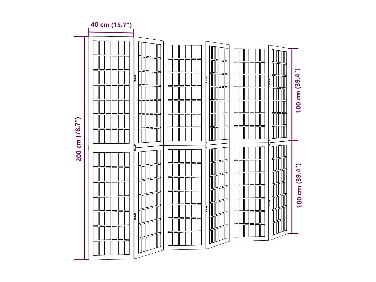 Tabique divisorio de 6 paneles en madera maciza de paulownia blanca