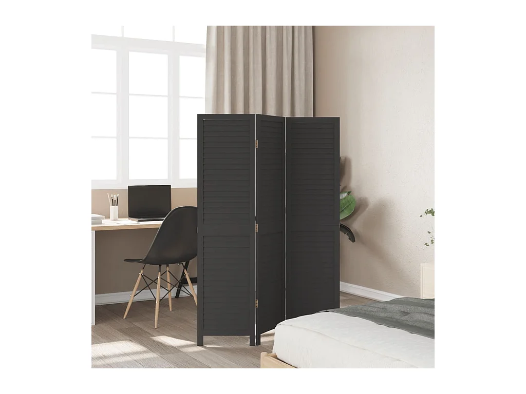 Cloison de séparation 3 panneaux noir bois de paulownia massif