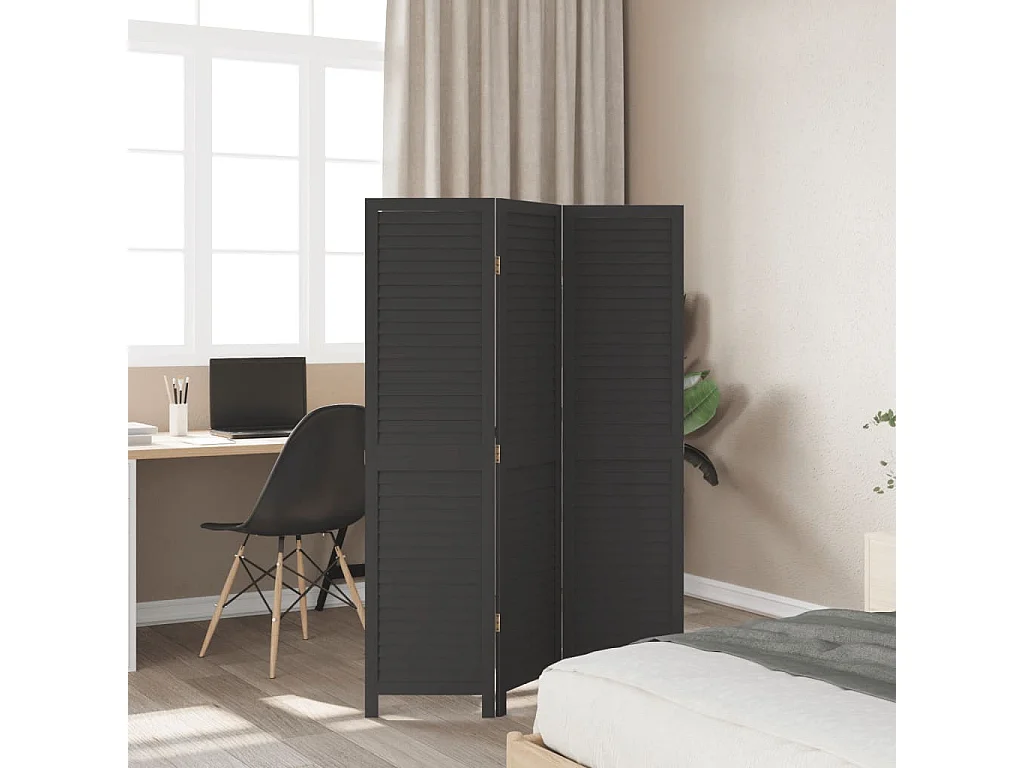 Cloison de séparation 3 panneaux noir bois de paulownia massif