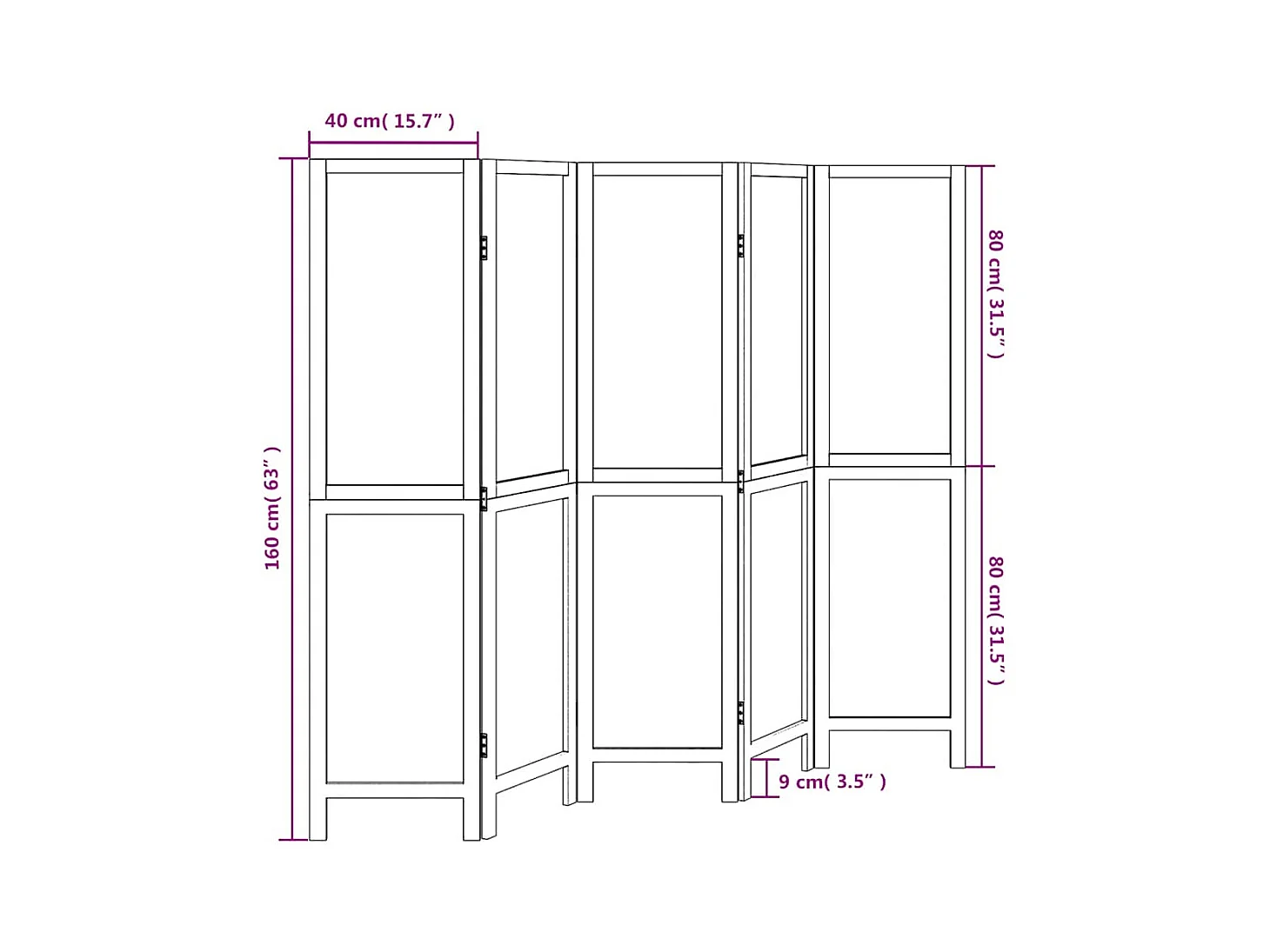 Tabique divisorio de 5 paneles en madera maciza de paulownia blanca