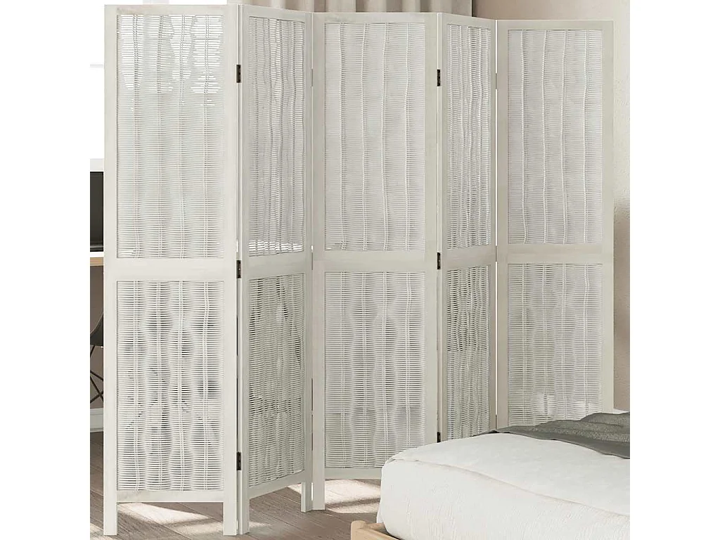 Parete divisoria a 5 pannelli in legno massello di paulonia bianco