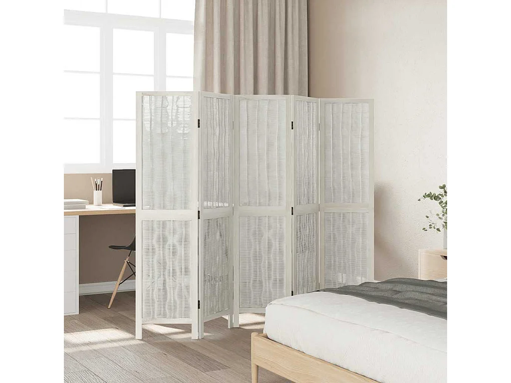 Parete divisoria a 5 pannelli in legno massello di paulonia bianco